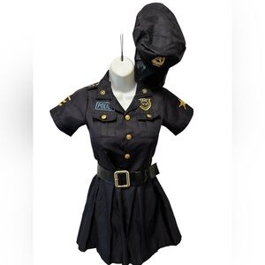 Halloween Police Officer Pleated Dress & Hat Sz Girls M 8/10 Black Belted Party